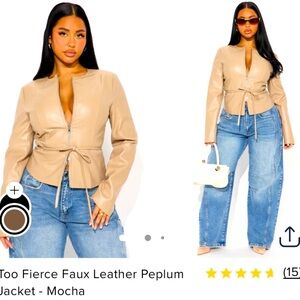 Faux Leather Peplum Jacket - Tan